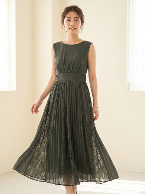 レース×プリーツ切り替えドレス(グリーン系・Mサイズ)| 名古屋のレンタルドレス24DRESS
