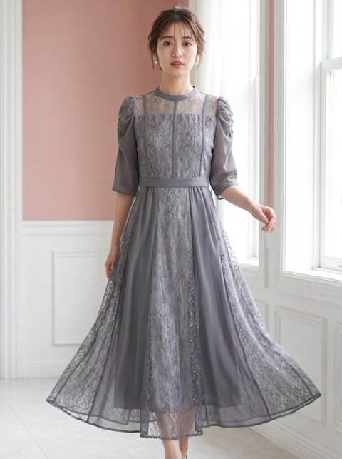 シフォン切り替えレースドレス(ホワイト・グレー系・Sサイズ)| 名古屋のレンタルドレス24DRESS