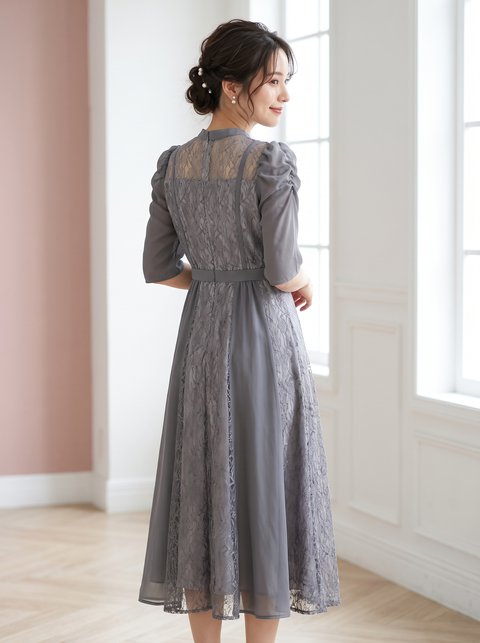 シフォン切り替えレースドレス(ホワイト・グレー系・Mサイズ)| 名古屋のレンタルドレス24DRESS