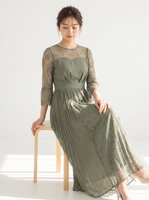 レース切り替え プリーツロングドレス(グリーン系・Sサイズ)| 名古屋のレンタルドレス24DRESS
