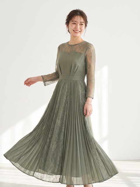 シアースリーブ プリーツロングドレス(グリーン系・XLサイズ)| 名古屋のレンタルドレス24DRESS