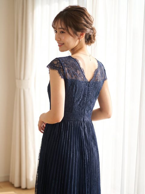 肩レース プリーツパーティードレス(ネイビー・ブルー系・XLサイズ)| 名古屋のレンタルドレス24DRESS